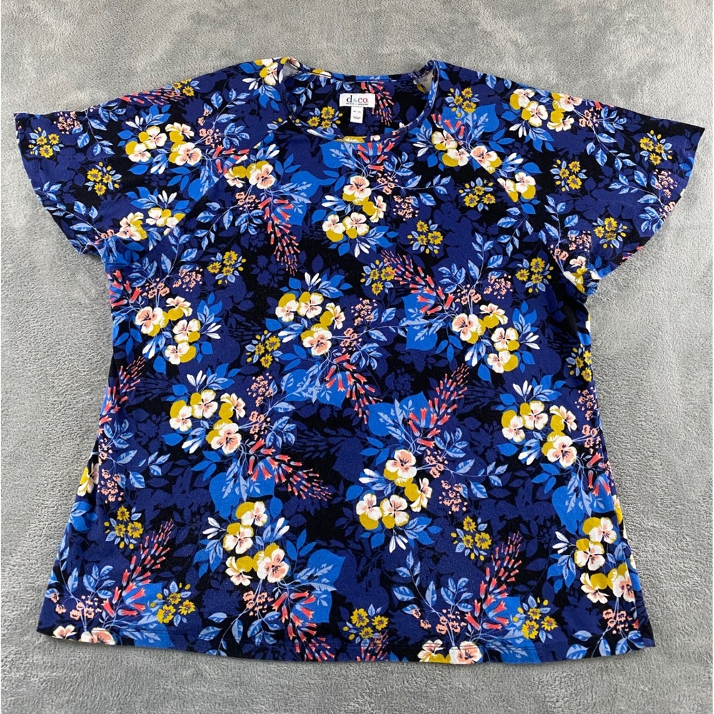 Denim & Co Womens XL Blue Floral Short Sleeve Crew Neck Knit Top Casual Relaxed - Picture 2 of 9